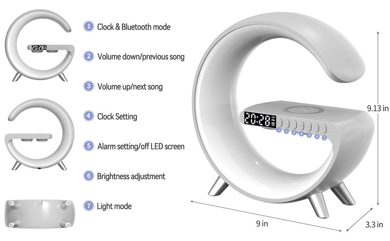 BKDRL Bluetooth Speaker Wireless Charger Lamp – Multifunctional RGB Night Light with Portable Mini Speaker, Alarm Clock, and Charging Station, App Control (Black)