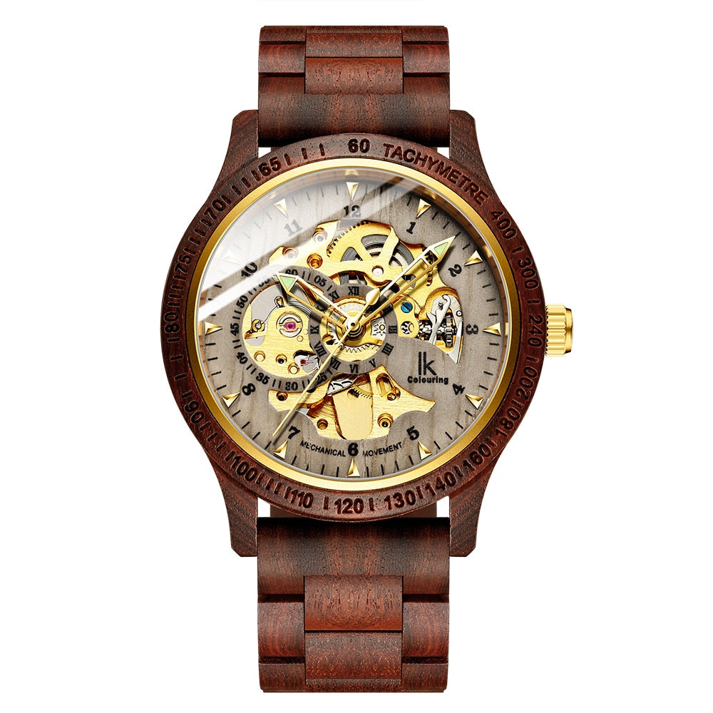 Classic Wooden Men's Mechanical Watch – Luxury Timepiece with Hollow Dial and Transparent Case Back, 30M Waterproof, Stainless Steel and Wood Construction