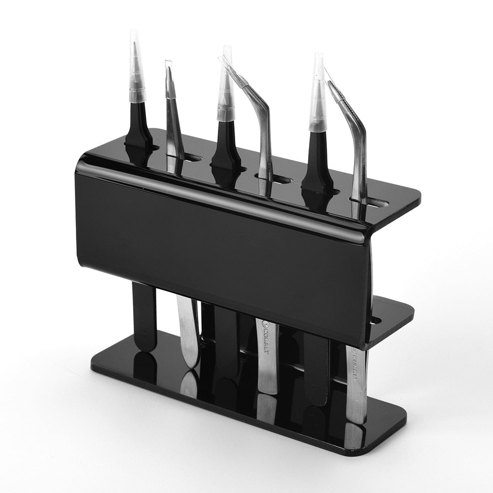 8-Hole Dust-Proof Acrylic Eyelash Tweezers Holder – Marble Tweezer Stand Display Organizer with Cover for Lash Extensions (Black)