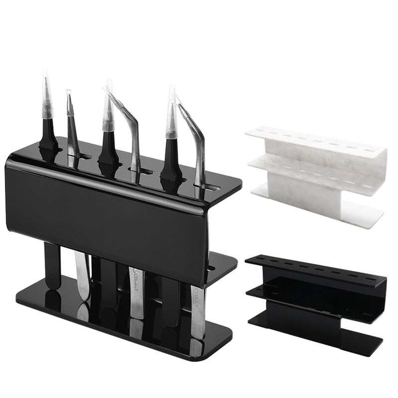 8-Hole Dust-Proof Acrylic Eyelash Tweezers Holder – Marble Tweezer Stand Display Organizer with Cover for Lash Extensions (Black)