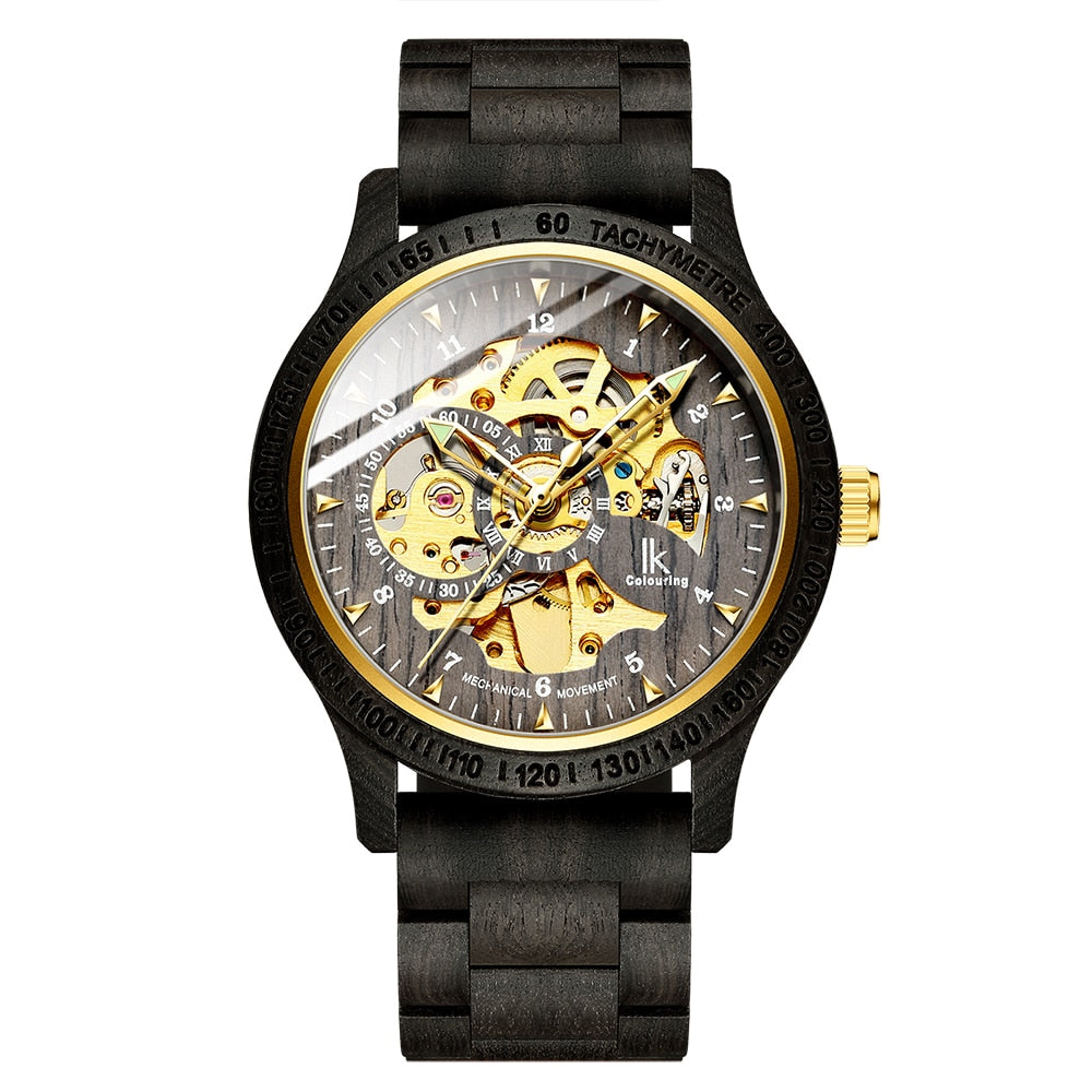 Classic Wooden Men's Mechanical Watch – Luxury Timepiece with Hollow Dial and Transparent Case Back, 30M Waterproof, Stainless Steel and Wood Construction