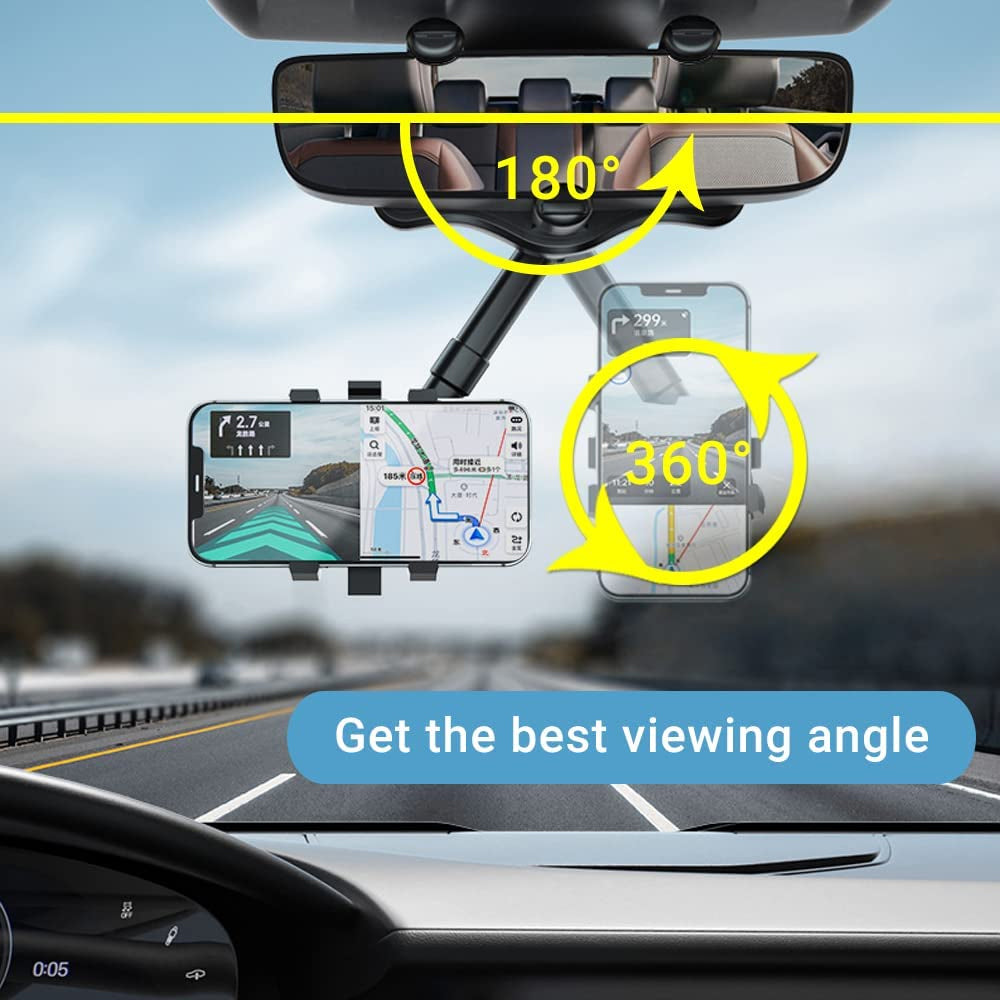 360° Rotatable Smartphone Car Holder, Adjustable Telescopic Phone Mount, Rearview Mirror Bracket for Hands-Free Driving