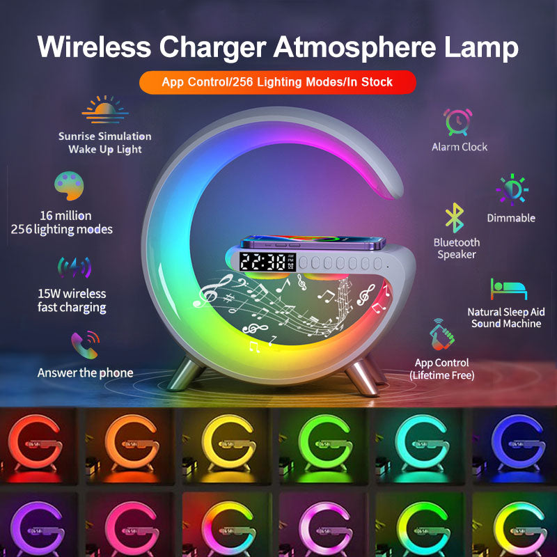 BKDRL Bluetooth Speaker Wireless Charger Lamp – Multifunctional RGB Night Light with Portable Mini Speaker, Alarm Clock, and Charging Station, App Control (Black)