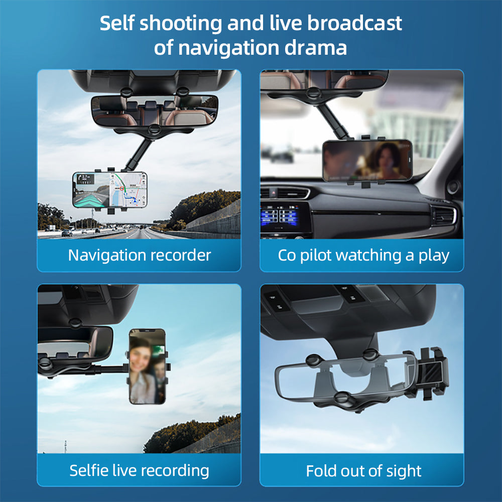 360° Rotatable Smartphone Car Holder, Adjustable Telescopic Phone Mount, Rearview Mirror Bracket for Hands-Free Driving