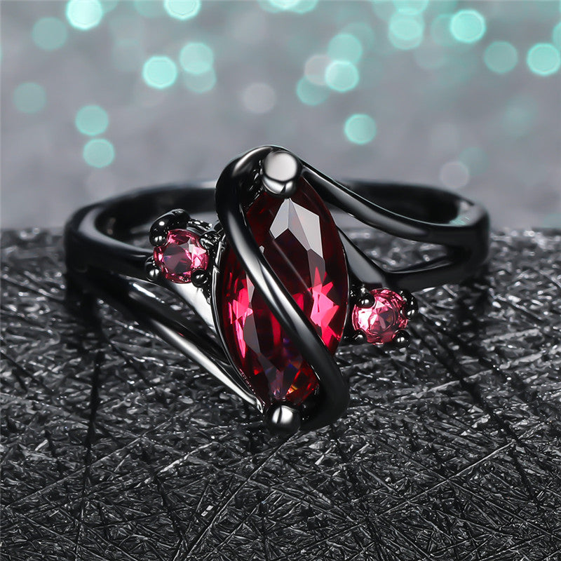 14K Black Gold Crystal Ring for Women – Statement Jewelry with Red Leaf Crystal & White Accents