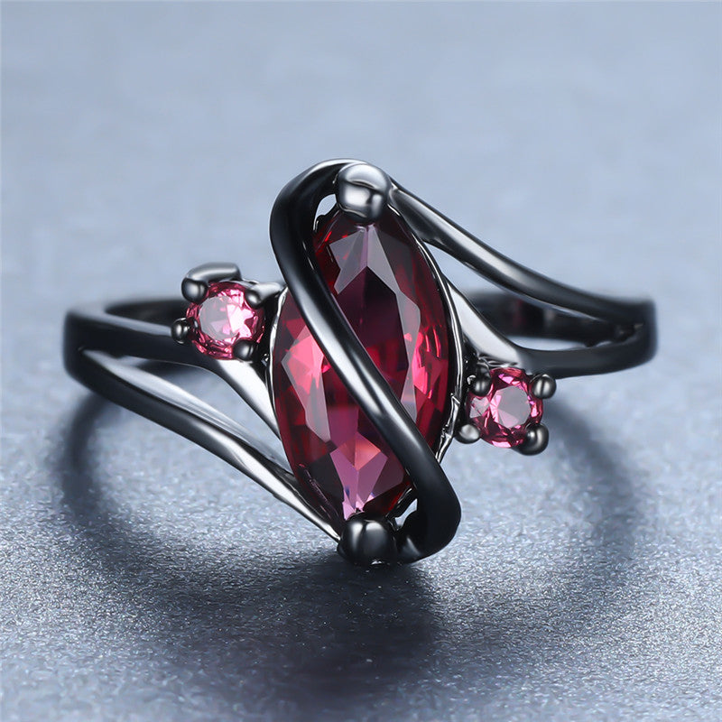 14K Black Gold Crystal Ring for Women – Statement Jewelry with Red Leaf Crystal & White Accents