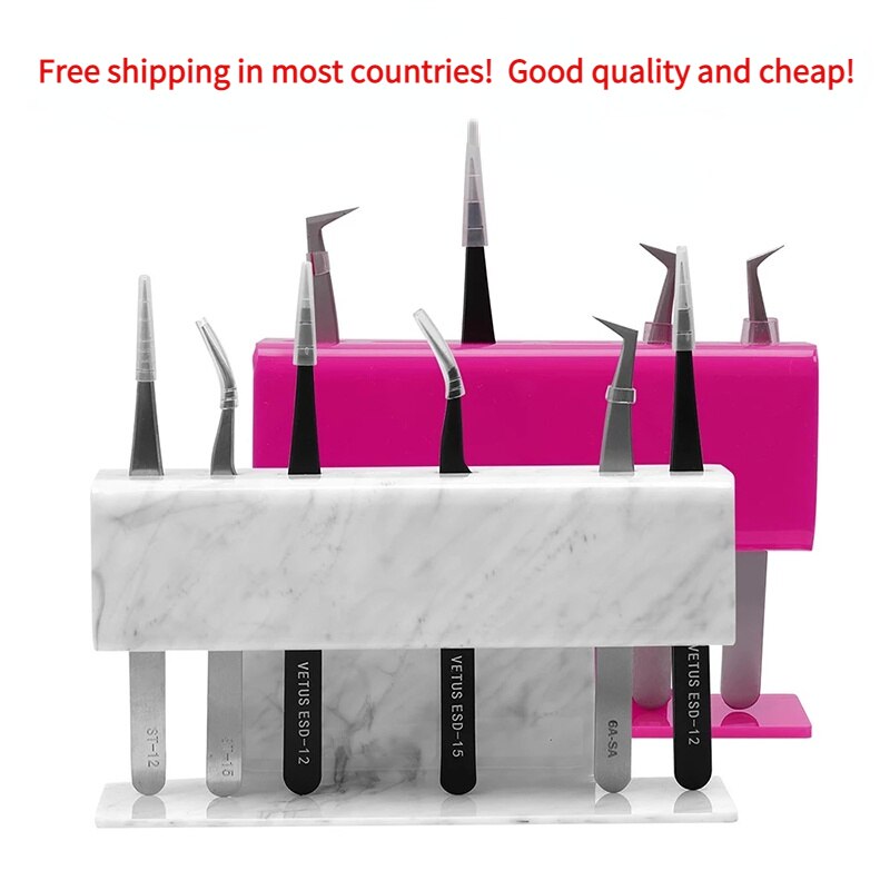 8-Hole Dust-Proof Acrylic Eyelash Tweezers Holder – Marble Tweezer Stand Display Organizer with Cover for Lash Extensions (Black)