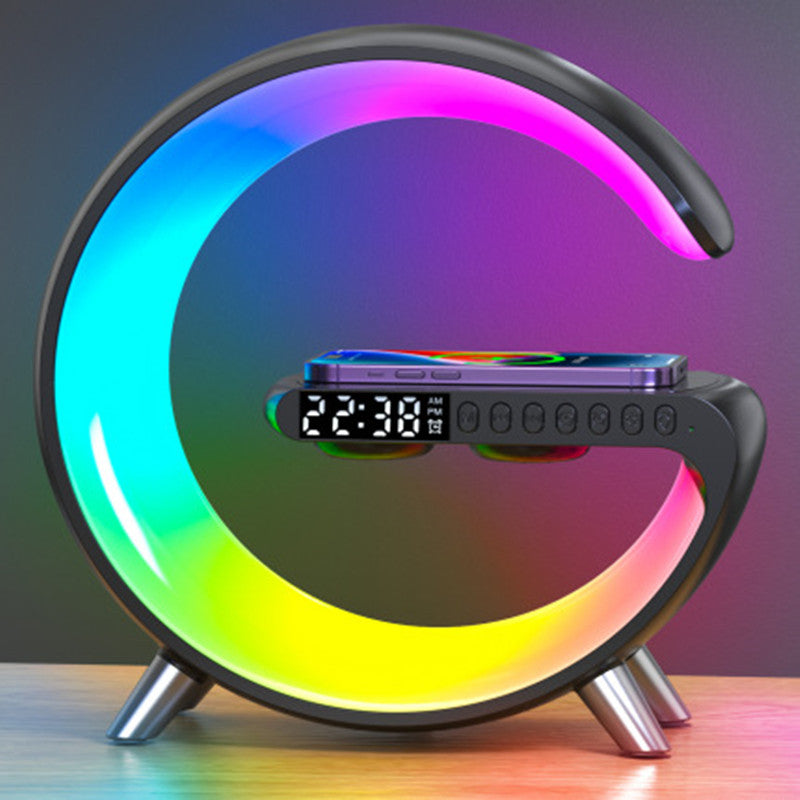 BKDRL Bluetooth Speaker Wireless Charger Lamp – Multifunctional RGB Night Light with Portable Mini Speaker, Alarm Clock, and Charging Station, App Control (Black)