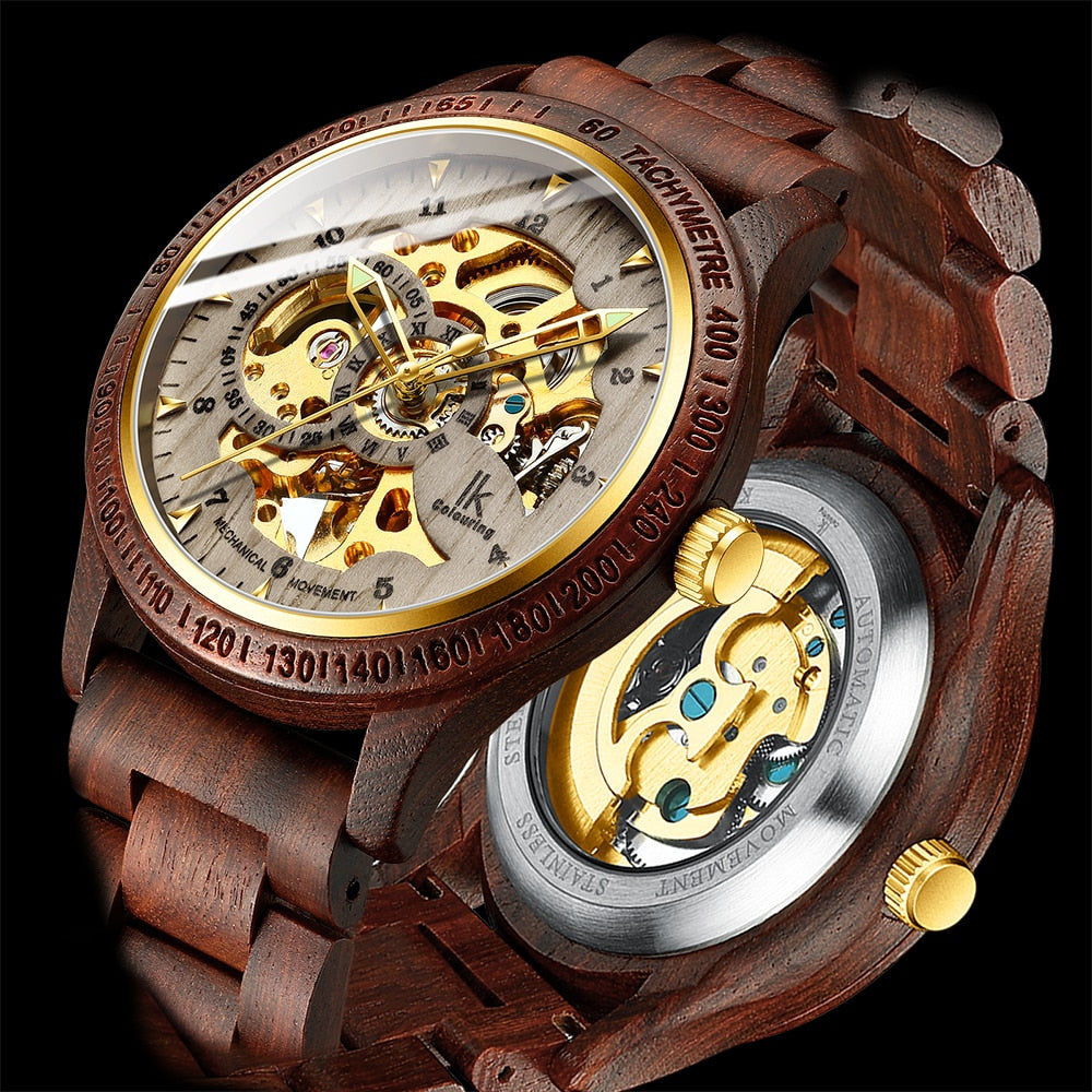 Classic Wooden Men's Mechanical Watch – Luxury Timepiece with Hollow Dial and Transparent Case Back, 30M Waterproof, Stainless Steel and Wood Construction