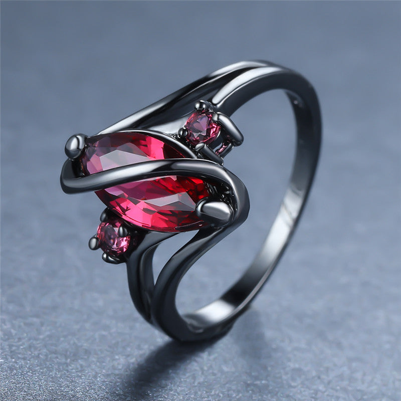 14K Black Gold Crystal Ring for Women – Statement Jewelry with Red Leaf Crystal & White Accents