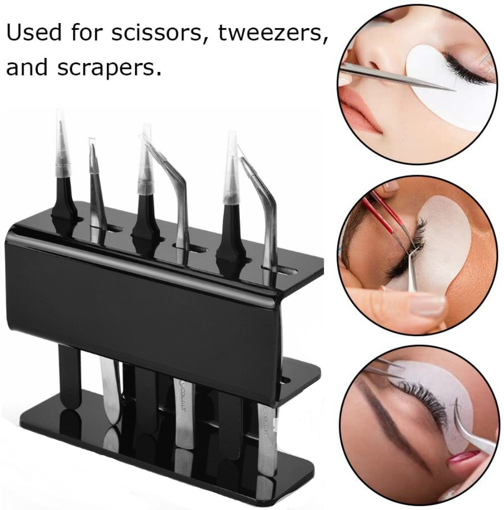 8-Hole Dust-Proof Acrylic Eyelash Tweezers Holder – Marble Tweezer Stand Display Organizer with Cover for Lash Extensions (Black)