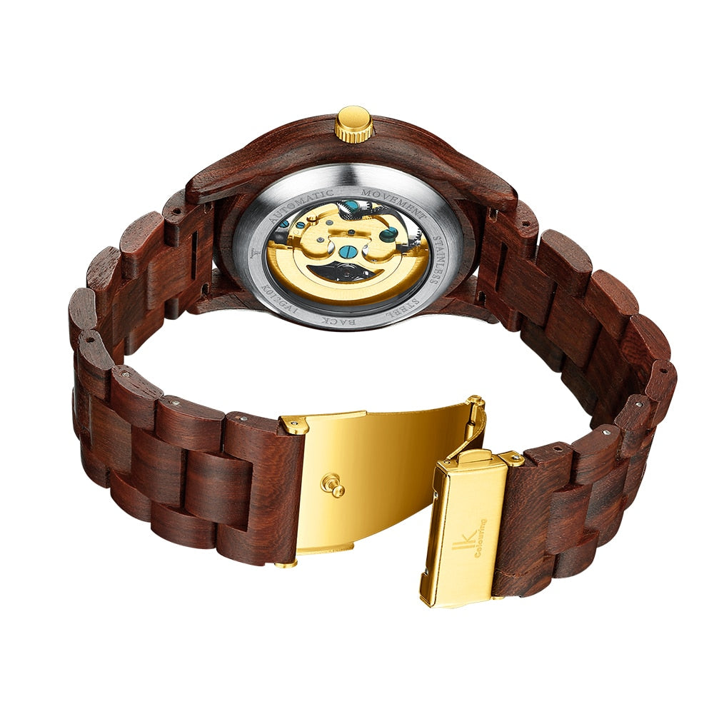 Classic Wooden Men's Mechanical Watch – Luxury Timepiece with Hollow Dial and Transparent Case Back, 30M Waterproof, Stainless Steel and Wood Construction