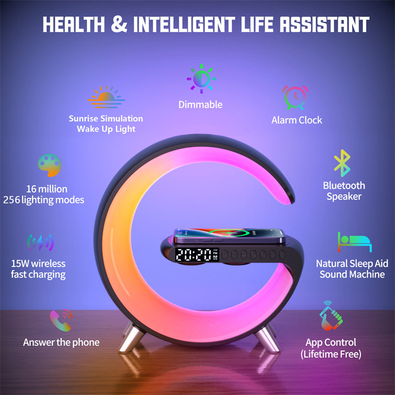 BKDRL Bluetooth Speaker Wireless Charger Lamp – Multifunctional RGB Night Light with Portable Mini Speaker, Alarm Clock, and Charging Station, App Control (Black)