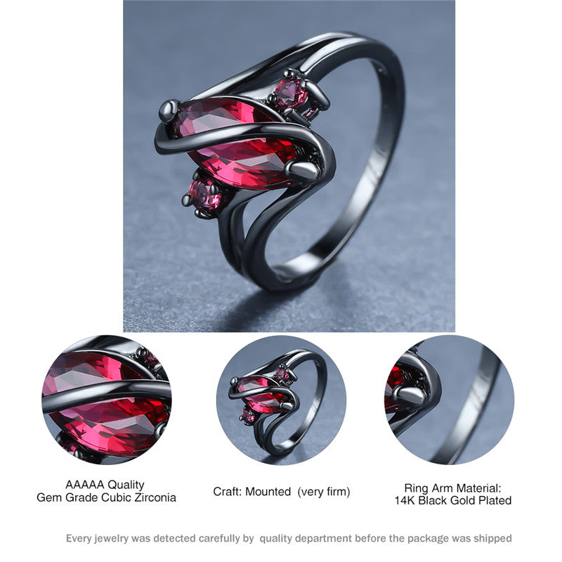 14K Black Gold Crystal Ring for Women – Statement Jewelry with Red Leaf Crystal & White Accents