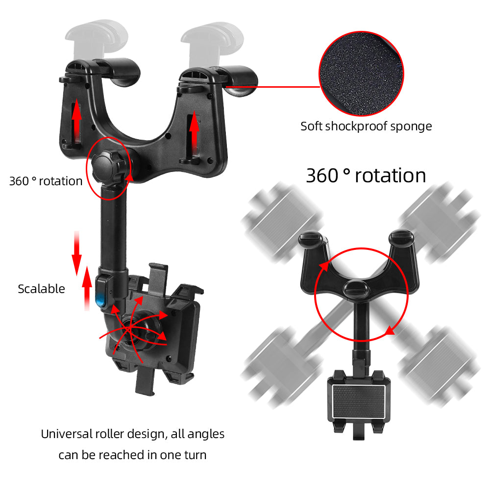 360° Rotatable Smartphone Car Holder, Adjustable Telescopic Phone Mount, Rearview Mirror Bracket for Hands-Free Driving
