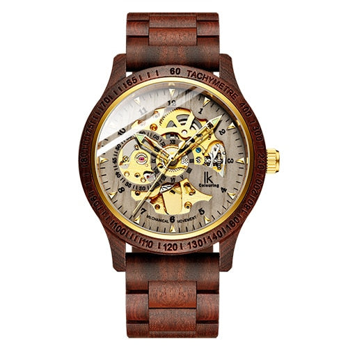 Classic Wooden Men's Mechanical Watch – Luxury Timepiece with Hollow Dial and Transparent Case Back, 30M Waterproof, Stainless Steel and Wood Construction