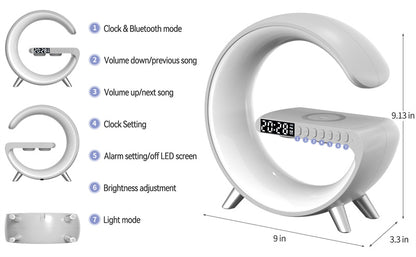 BKDRL Bluetooth Speaker Wireless Charger Lamp – Multifunctional RGB Night Light with Portable Mini Speaker, Alarm Clock, and Charging Station, App Control (Black)