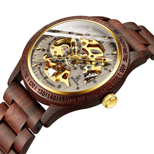 Classic Wooden Men's Mechanical Watch – Luxury Timepiece with Hollow Dial and Transparent Case Back, 30M Waterproof, Stainless Steel and Wood Construction