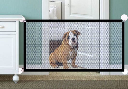 Black Foldable Pet Safety Gate – 70-Inch Extra-Wide Portable Mesh Barrier, Adjustable Magic Corridor Fence for Dogs, Hallways, Doorways, and Stairs