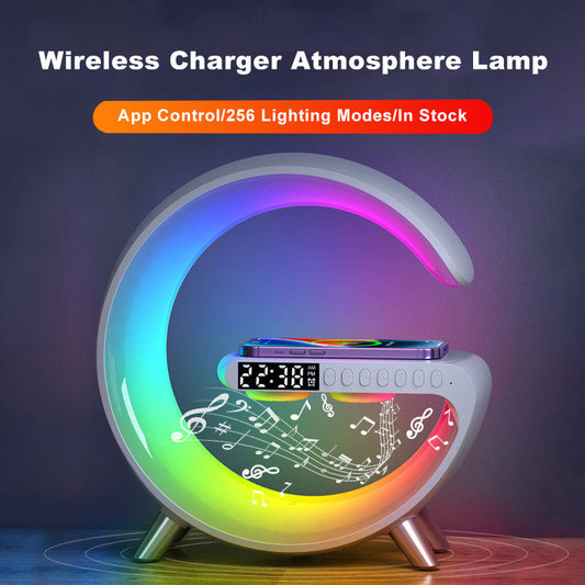BKDRL Bluetooth Speaker Wireless Charger Lamp – Multifunctional RGB Night Light with Portable Mini Speaker, Alarm Clock, and Charging Station, App Control (Black)