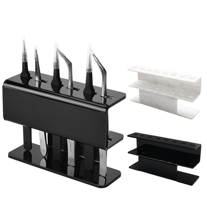 8-Hole Dust-Proof Acrylic Eyelash Tweezers Holder – Marble Tweezer Stand Display Organizer with Cover for Lash Extensions (Black)