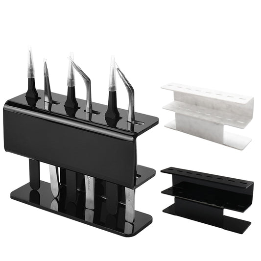 8-Hole Dust-Proof Acrylic Eyelash Tweezers Holder – Marble Tweezer Stand Display Organizer with Cover for Lash Extensions (Black)