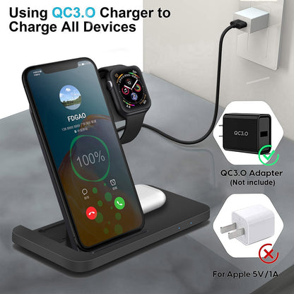 3-in-1 Wireless Fast Charger Dock Station – 15W Qi-Certified Charging Stand for iPhone, Apple Watch, and AirPods