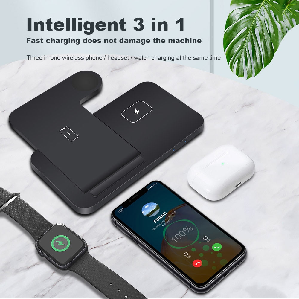 3-in-1 Wireless Fast Charger Dock Station – 15W Qi-Certified Charging Stand for iPhone, Apple Watch, and AirPods