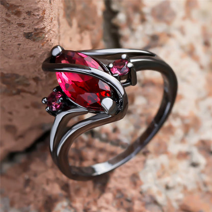 14K Black Gold Crystal Ring for Women – Statement Jewelry with Red Leaf Crystal & White Accents