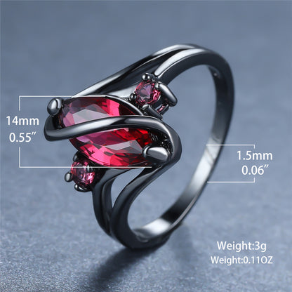 14K Black Gold Crystal Ring for Women – Statement Jewelry with Red Leaf Crystal & White Accents