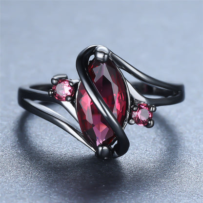 14K Black Gold Crystal Ring for Women – Statement Jewelry with Red Leaf Crystal & White Accents