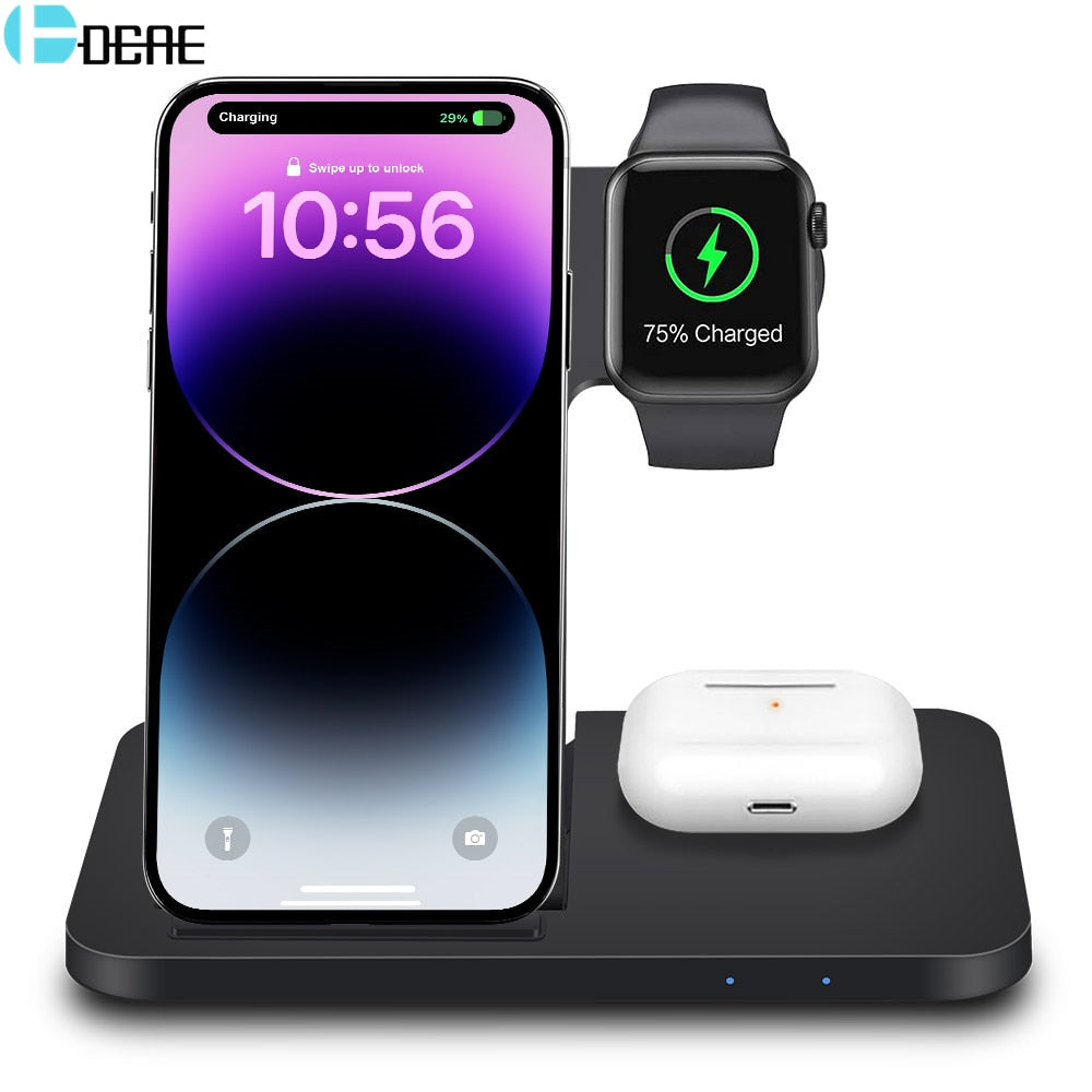 3-in-1 Wireless Fast Charger Dock Station – 15W Qi-Certified Charging Stand for iPhone, Apple Watch, and AirPods