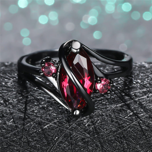 14K Black Gold Crystal Ring for Women – Statement Jewelry with Red Leaf Crystal & White Accents