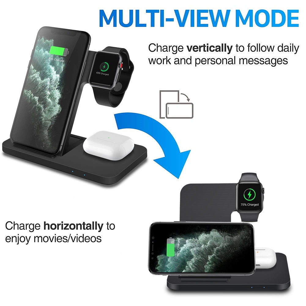 3-in-1 Wireless Fast Charger Dock Station – 15W Qi-Certified Charging Stand for iPhone, Apple Watch, and AirPods